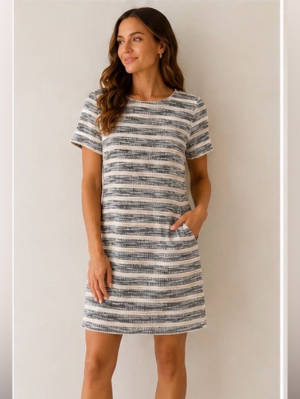 Striped Short-Sleeve Knit Shift Dress in Cream and Black